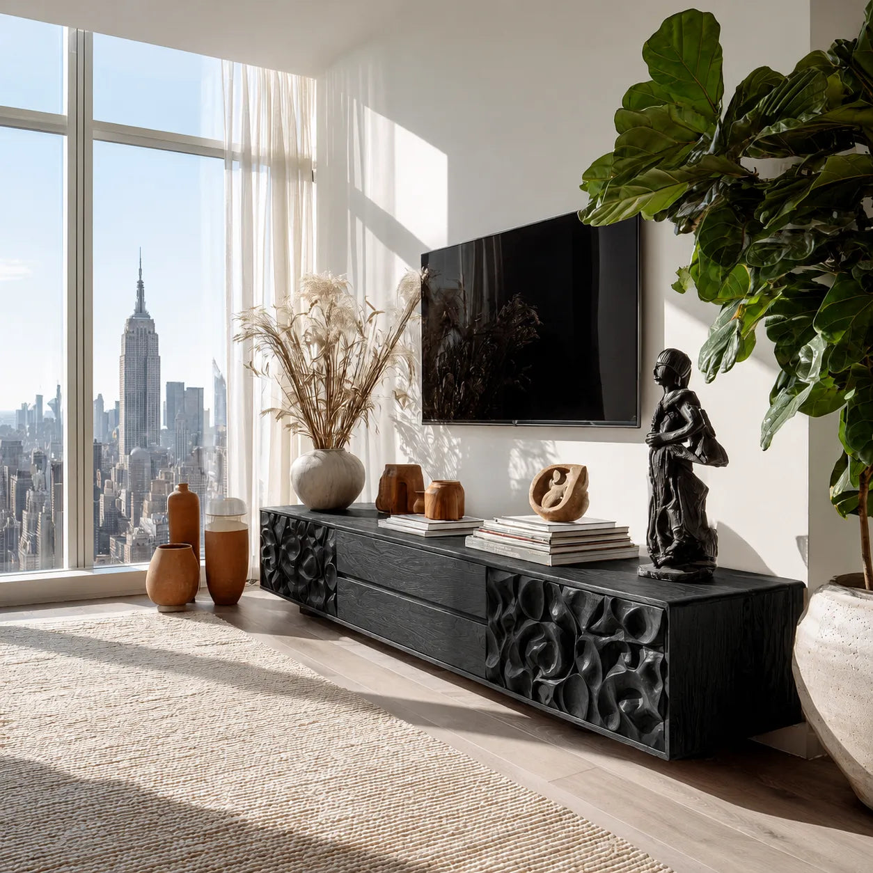 Carved Natural Solid Wood TV Stand with Sculptural Drawer Fronts