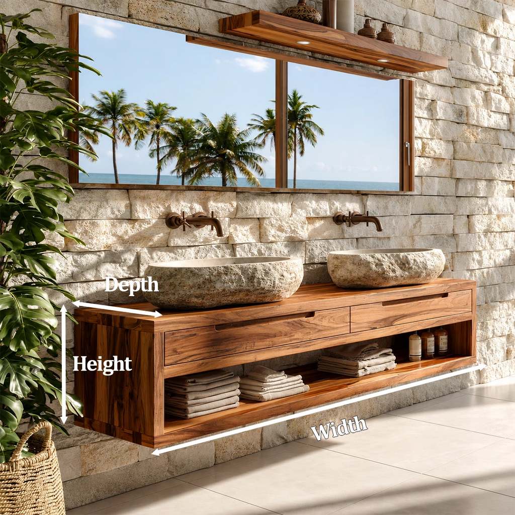Floating Double Bathroom Vanity With Natural Solid Wood Storage