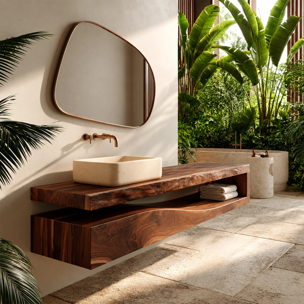 Natural Solid Wood Floating Bathroom Vanity with Sculptural Wave Storage