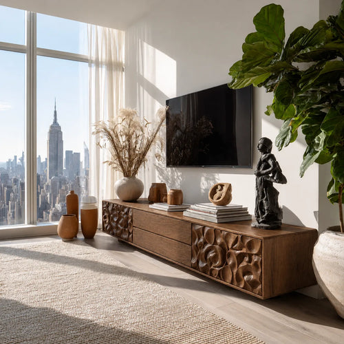 Carved Natural Solid Wood TV Stand with Sculptural Drawer Fronts