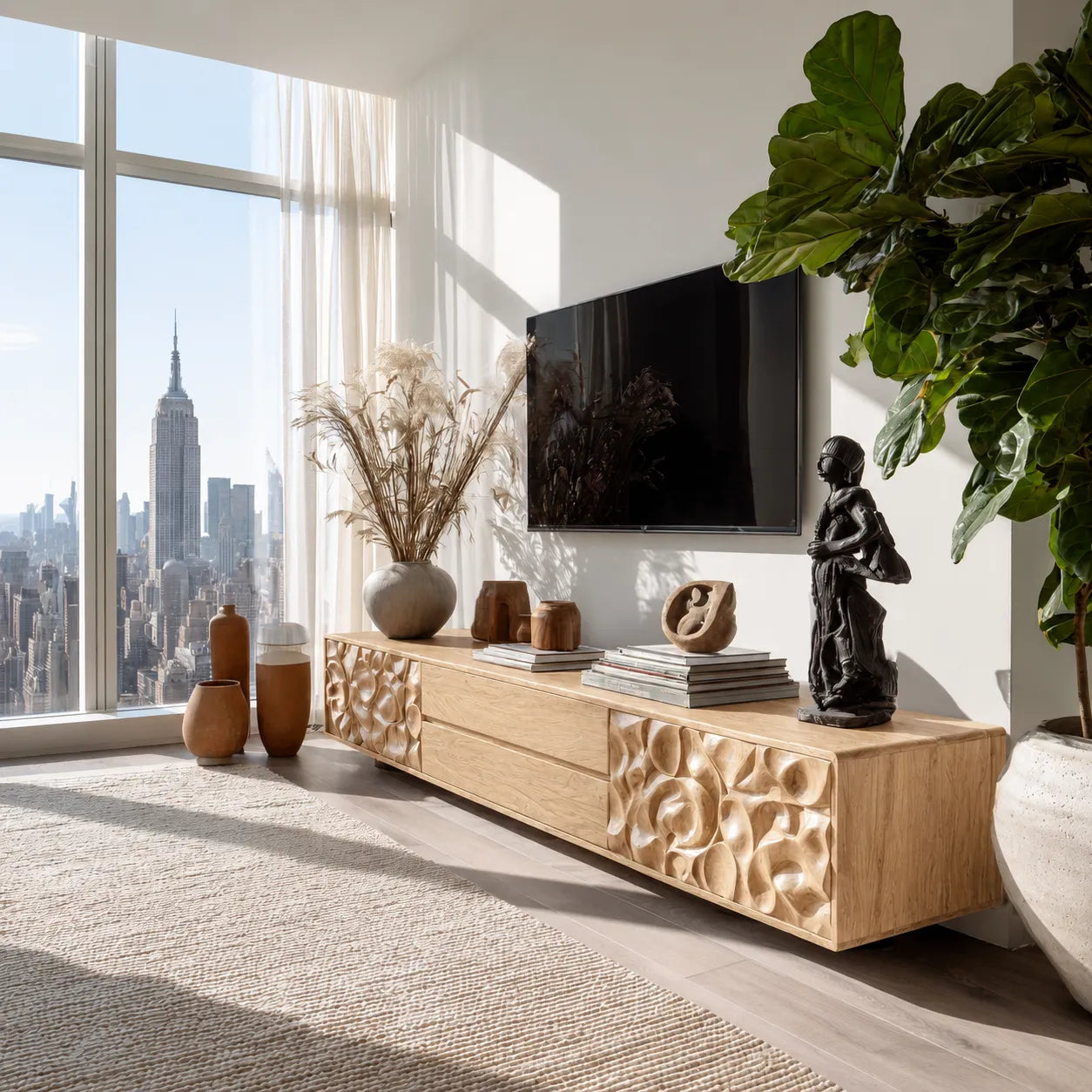 Carved Natural Solid Wood TV Stand with Sculptural Drawer Fronts