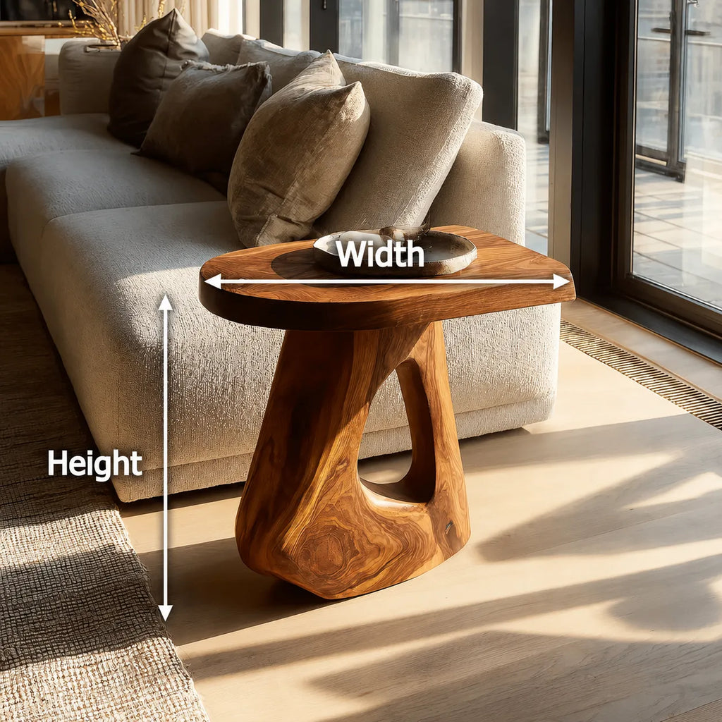 Sculptural Natural Solid Wood Side Table with Open Pedestal Base