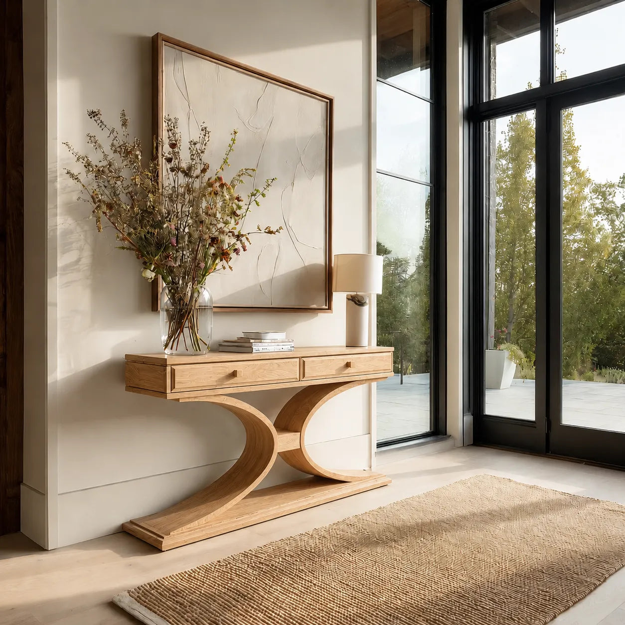 Natural Solid Wood Console Table with 2 Drawers and Sculptural Base