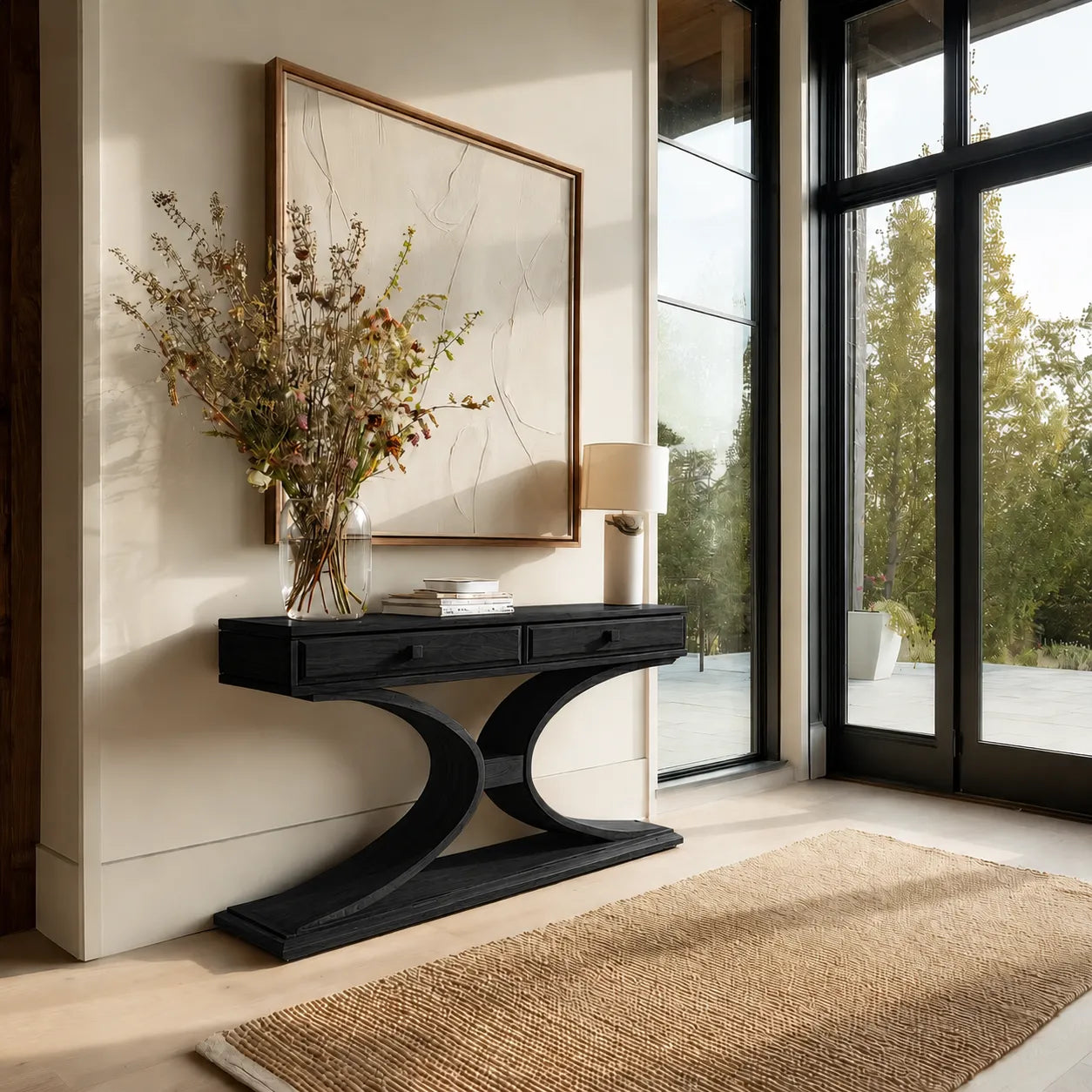 Natural Solid Wood Console Table with 2 Drawers and Sculptural Base