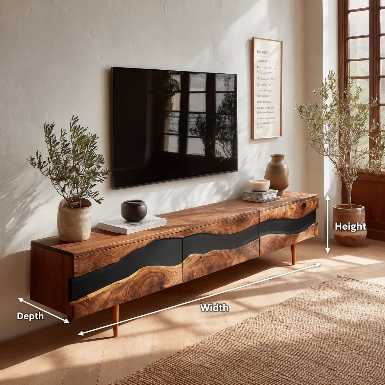Live Edge Natural Solid Wood TV Stand with Organic Flow Front Design