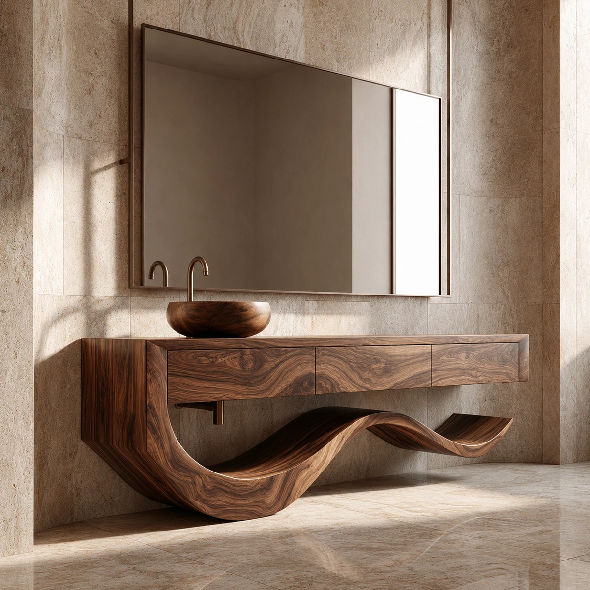 Organic Bathroom Vanity With Sculptural Wave Solid Wood Base