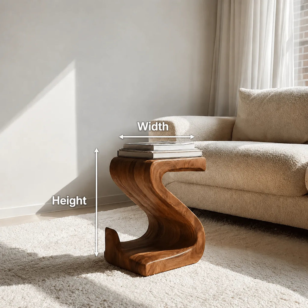 Sculptural Natural Solid Wood Side Table with Curved S Base
