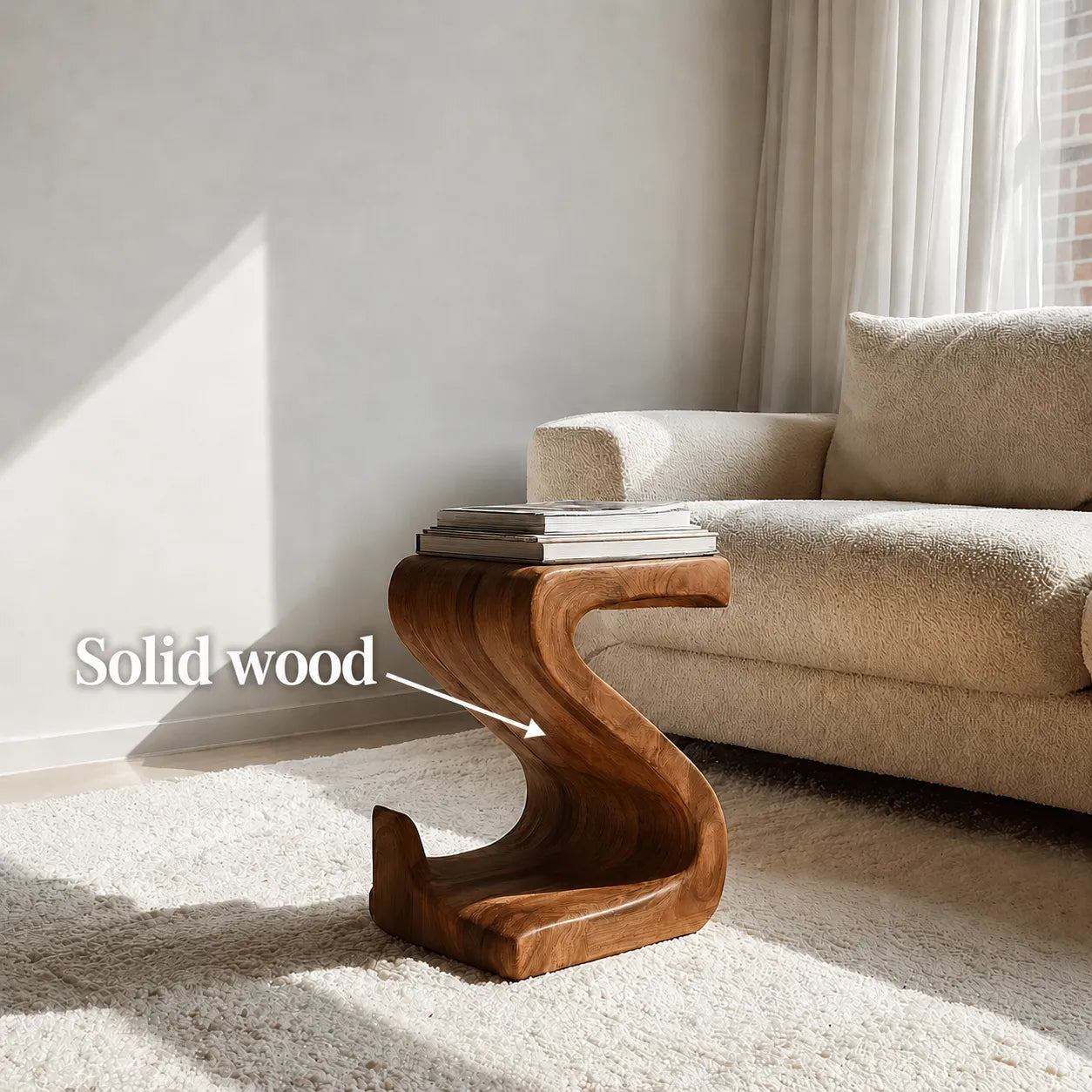 Sculptural Natural Solid Wood Side Table with Curved S Base