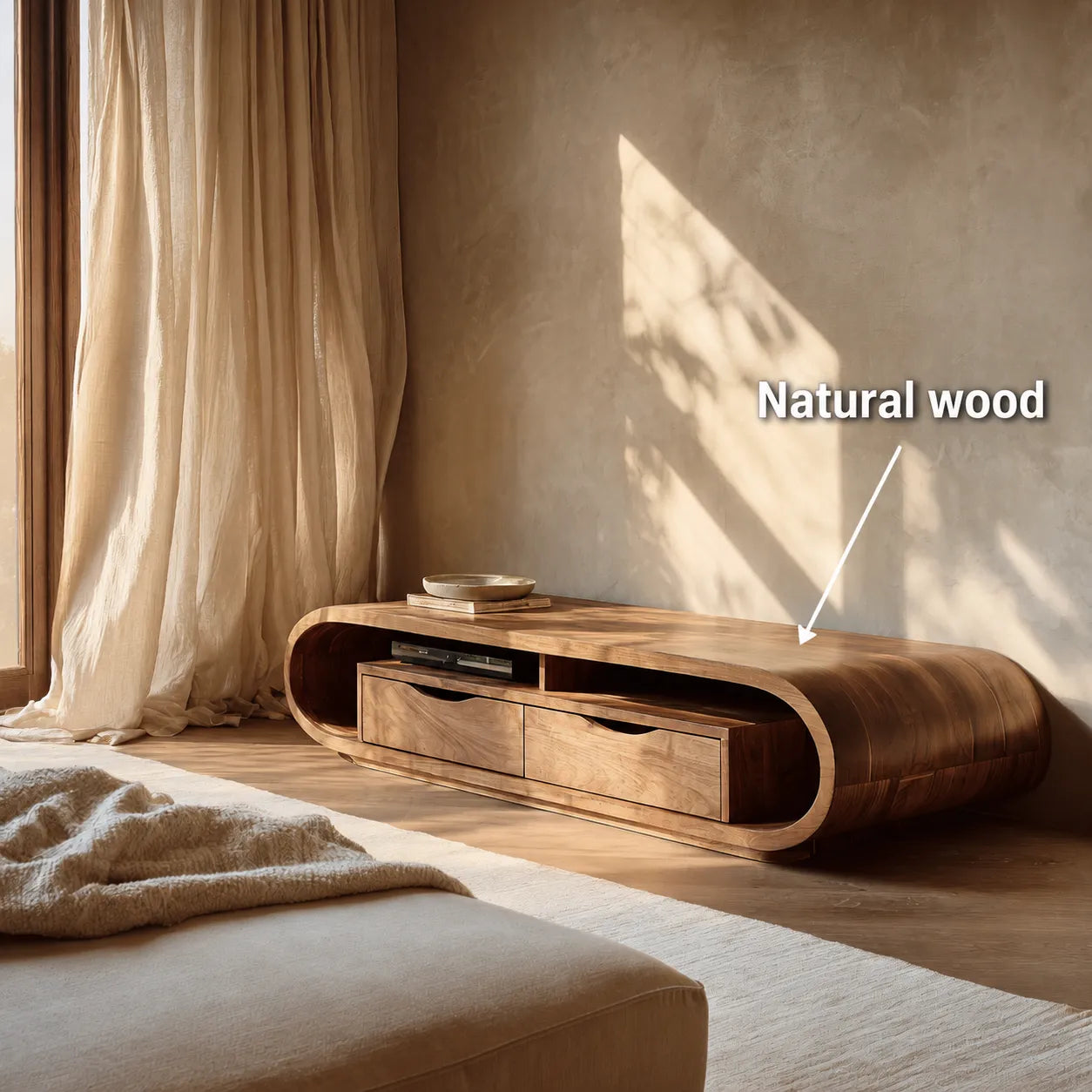 Curved Natural Solid Wood TV Stand with Open Shelf and Drawer Storage