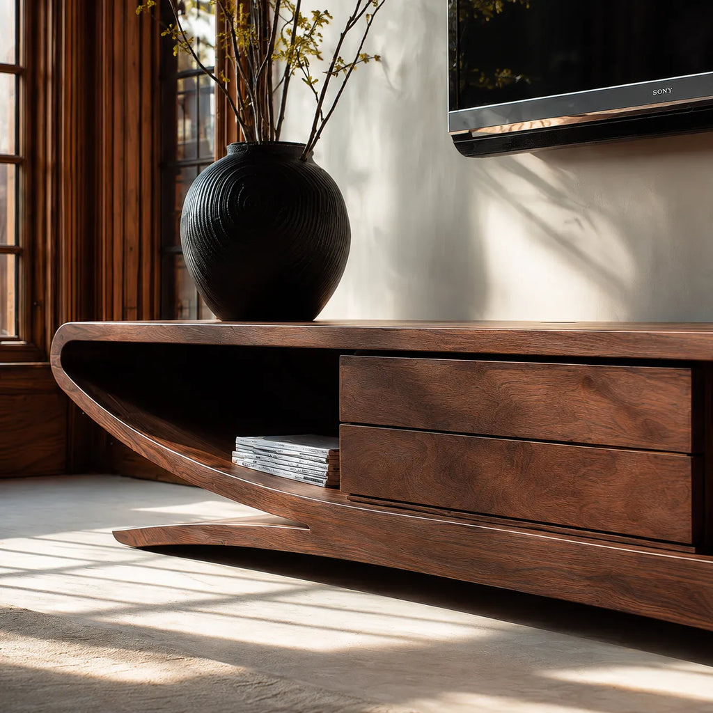 Sculptural Natural Solid Wood TV Stand with Open Shelves and Drawers