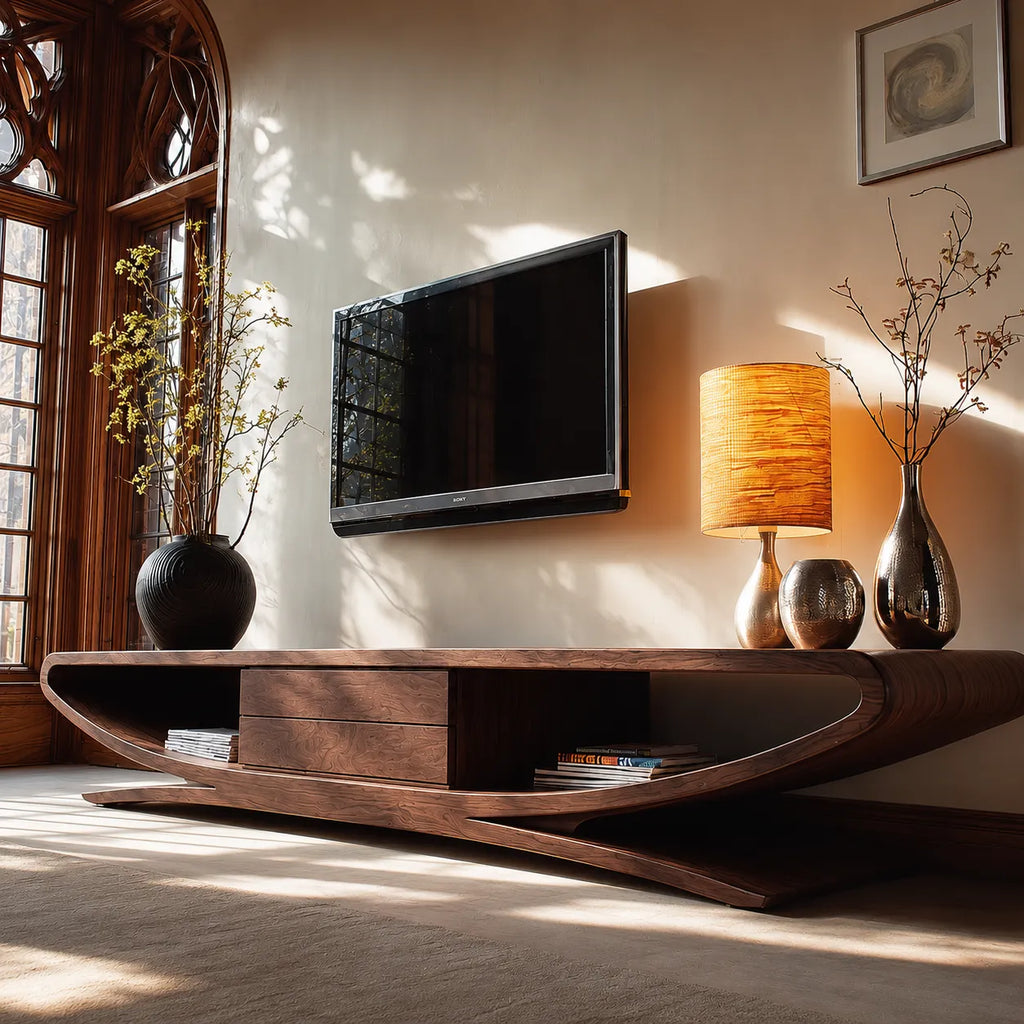 Sculptural Natural Solid Wood TV Stand with Open Shelves and Drawers