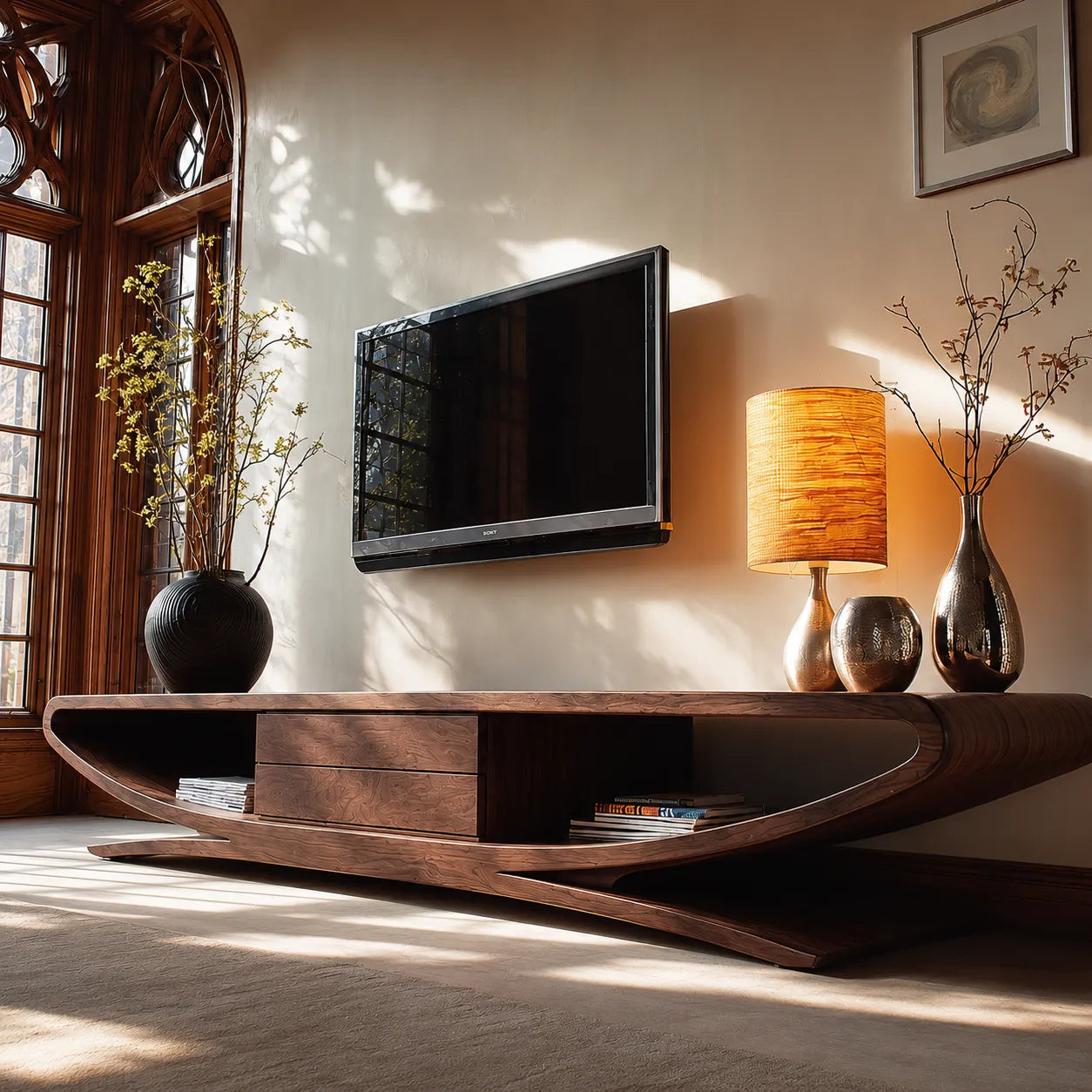 Sculptural Natural Solid Wood TV Stand with Open Shelves and Drawers