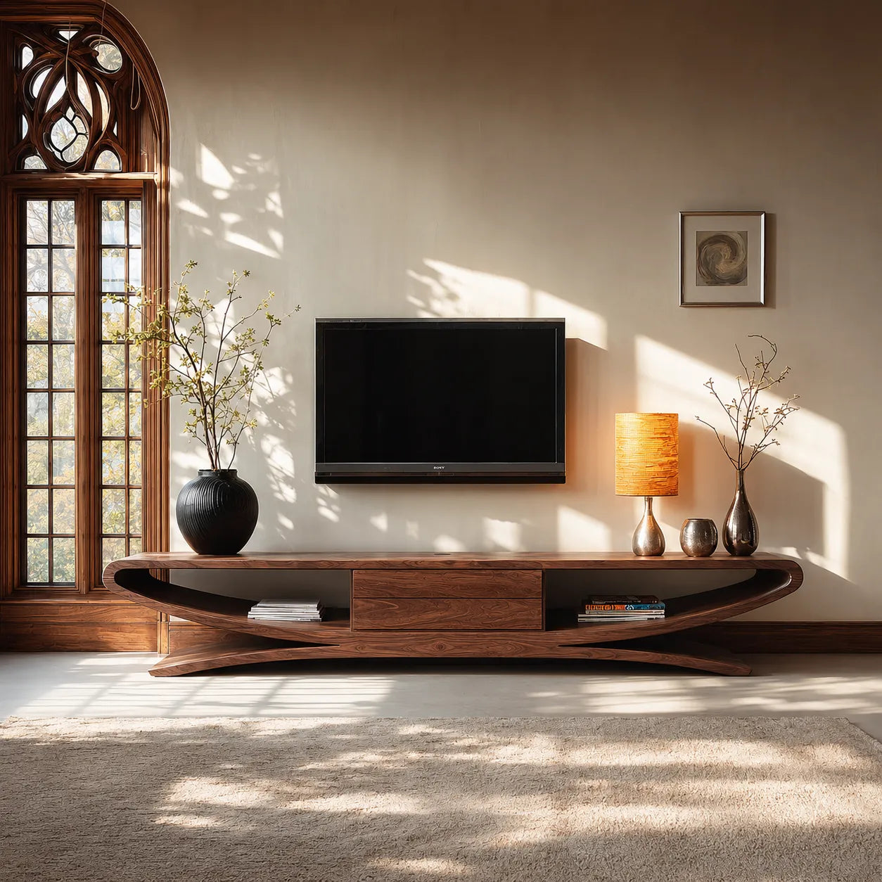 Sculptural Natural Solid Wood TV Stand with Open Shelves and Drawers