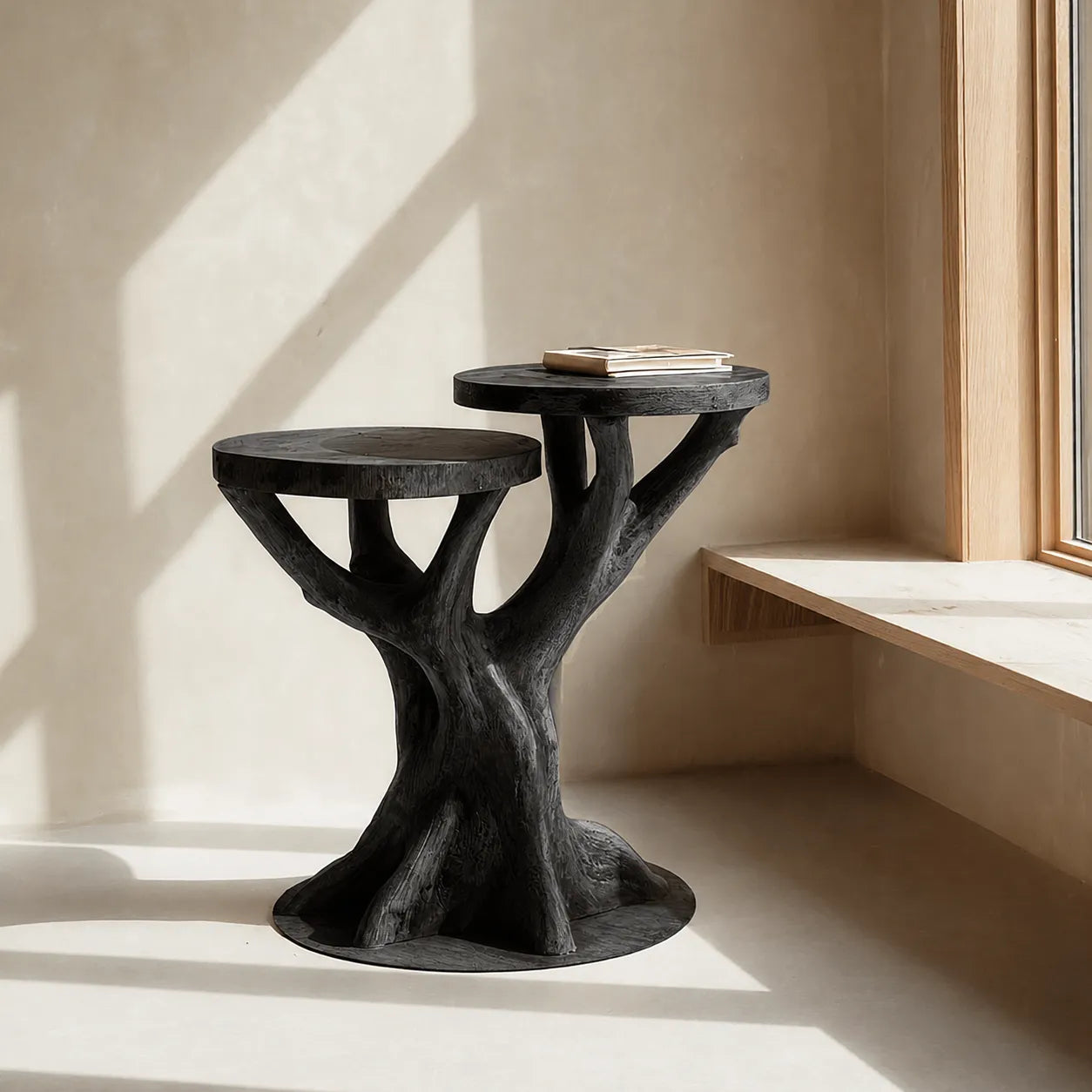 Tiered Natural Solid Wood Side Table with Sculptural Tree Base