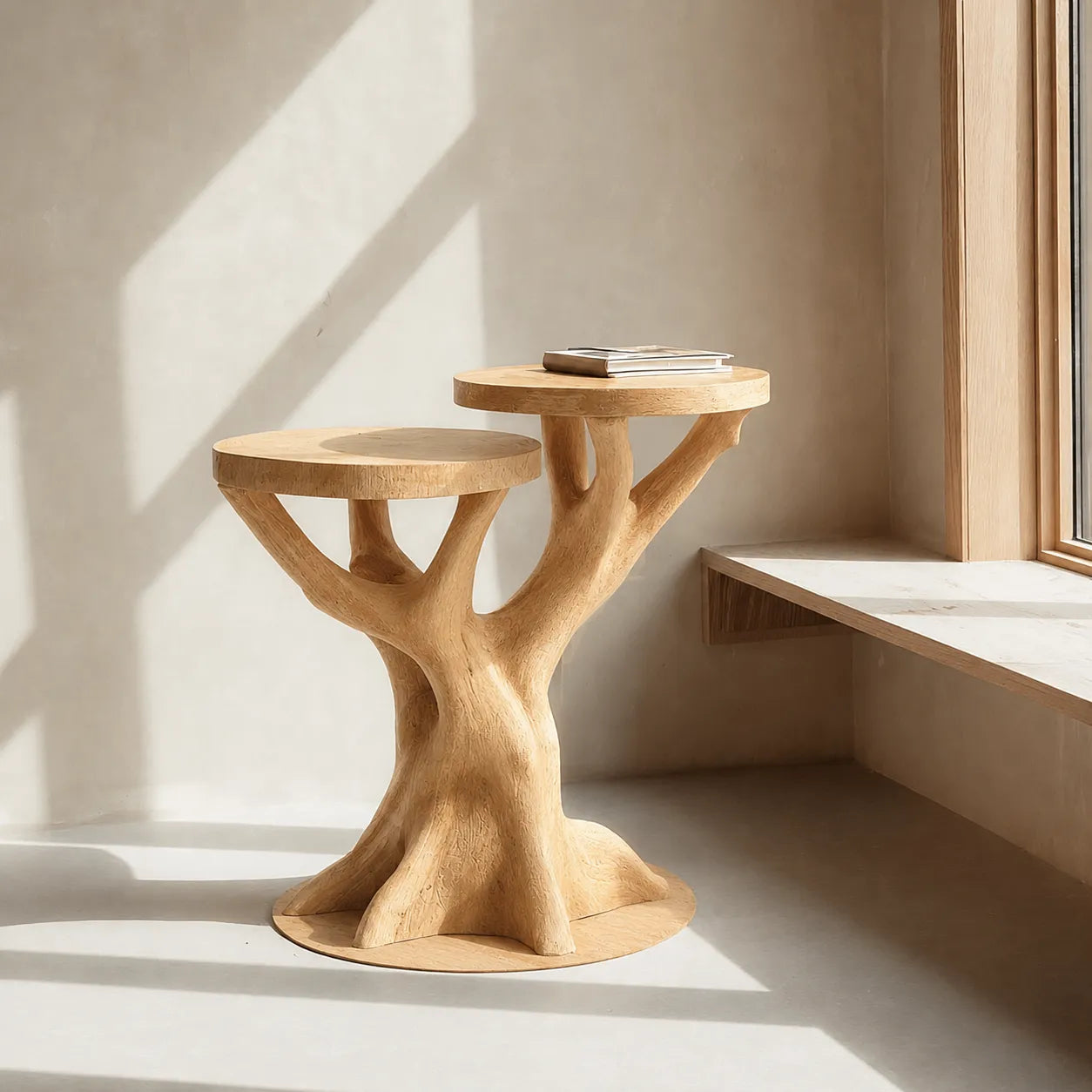Tiered Natural Solid Wood Side Table with Sculptural Tree Base