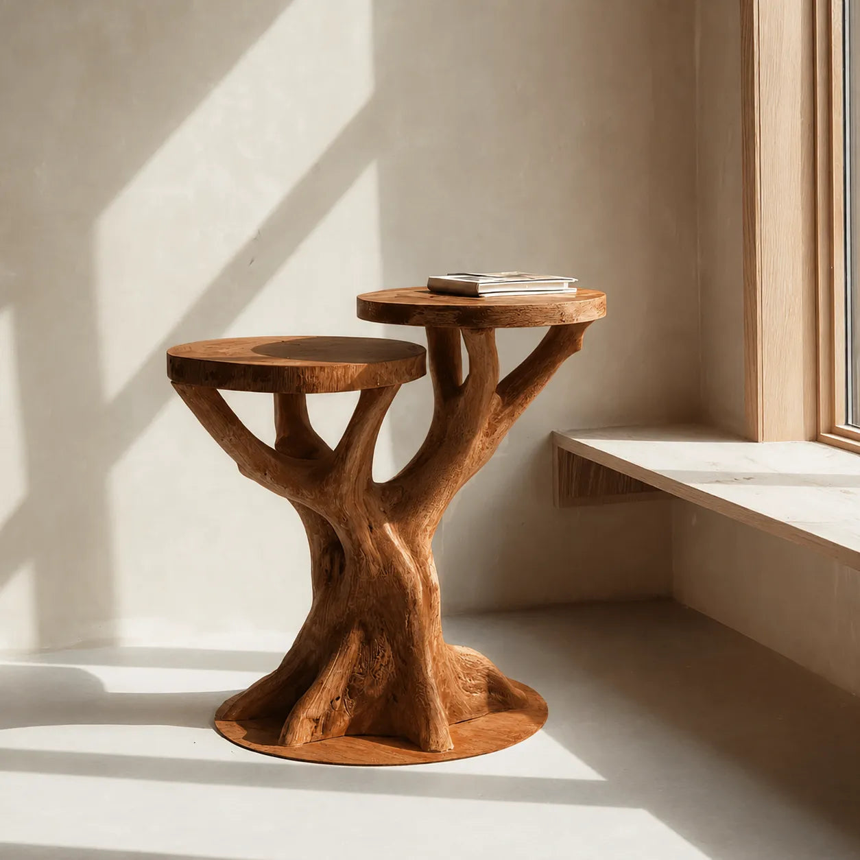 Tiered Natural Solid Wood Side Table with Sculptural Tree Base