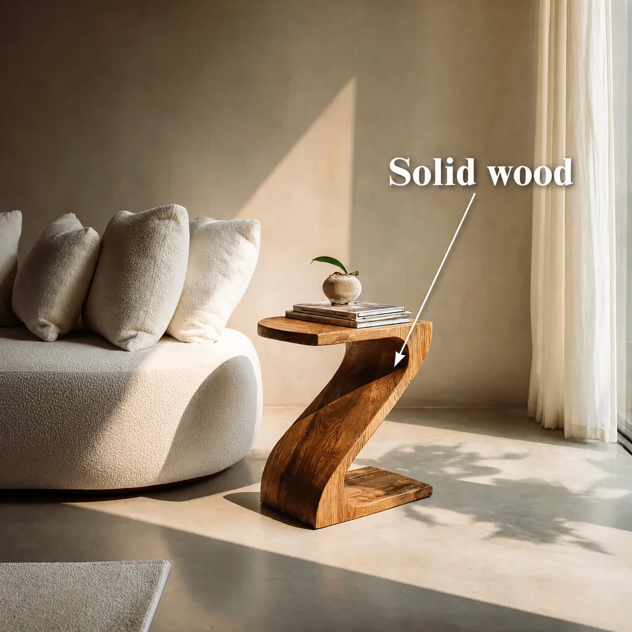 Sculptural Natural Solid Wood Side Table with Curved Z Base