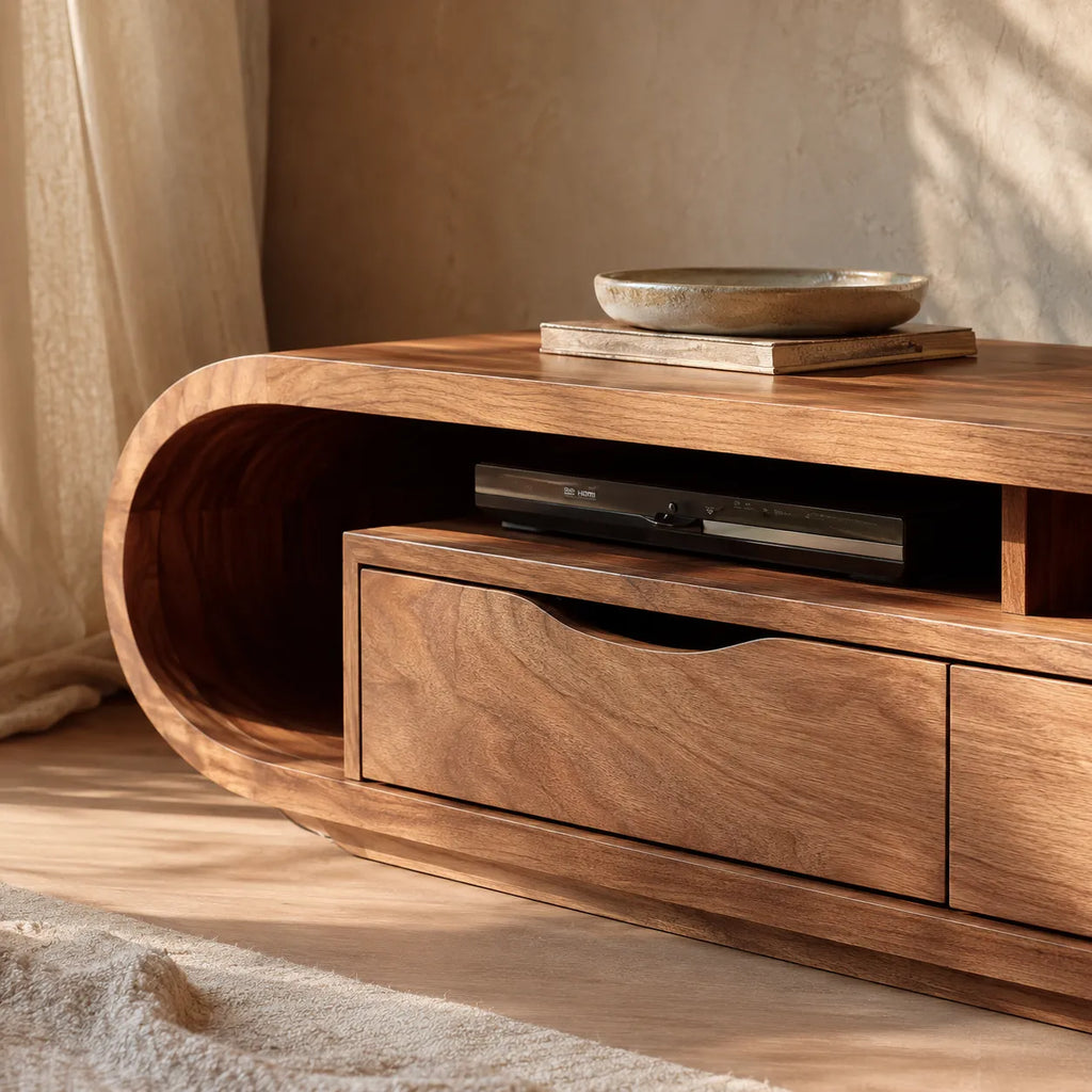 Curved Natural Solid Wood TV Stand with Open Shelf and Drawer Storage