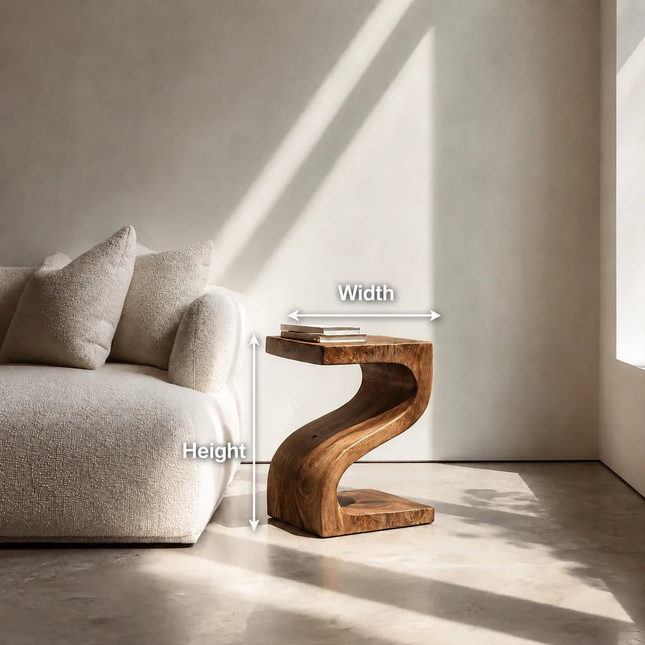 Sculptural Natural Solid Wood Side Table with Curved Z Base