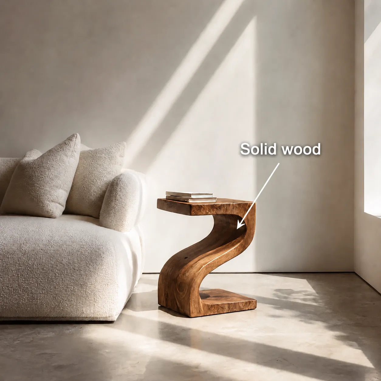 Sculptural Natural Solid Wood Side Table with Curved Z Base