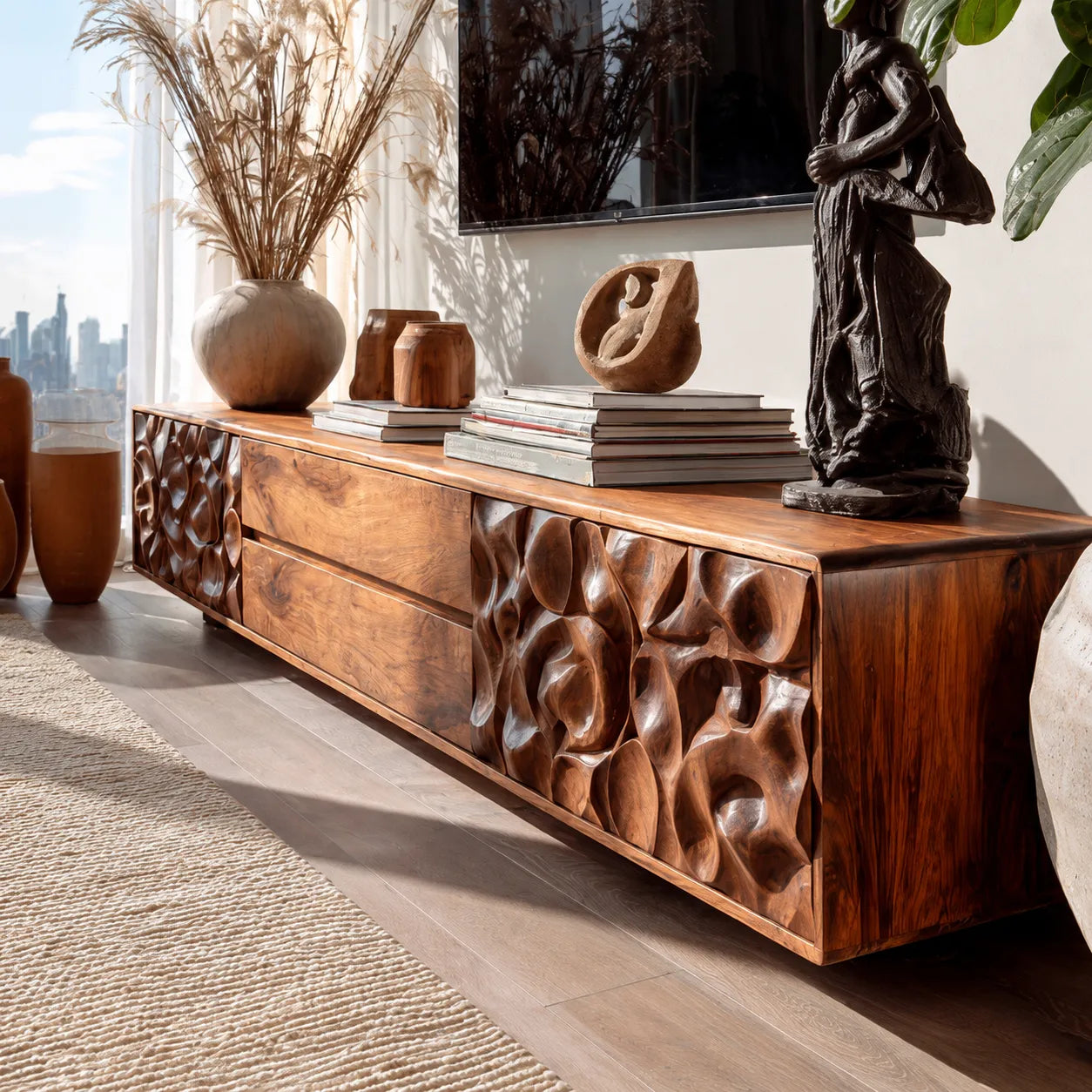 Carved Natural Solid Wood TV Stand with Sculptural Drawer Fronts