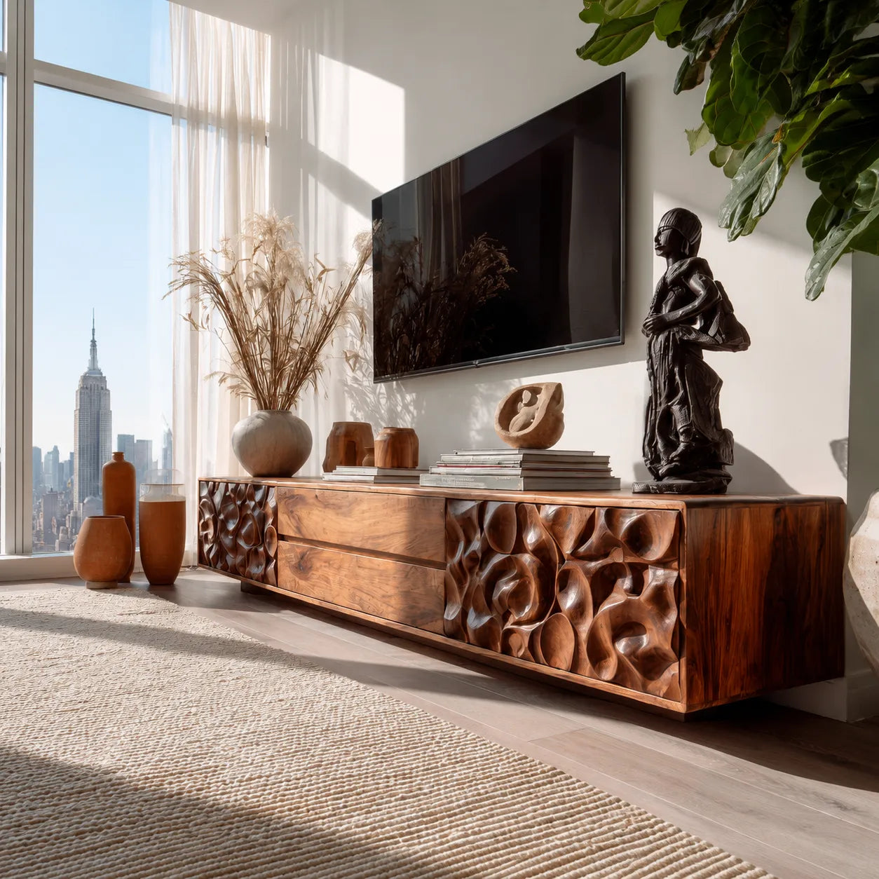 Carved Natural Solid Wood TV Stand with Sculptural Drawer Fronts