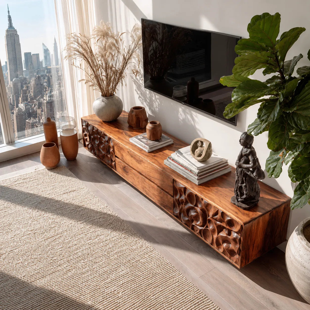 Carved Natural Solid Wood TV Stand with Sculptural Drawer Fronts
