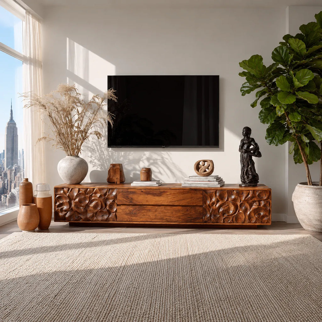 Carved Natural Solid Wood TV Stand with Sculptural Drawer Fronts