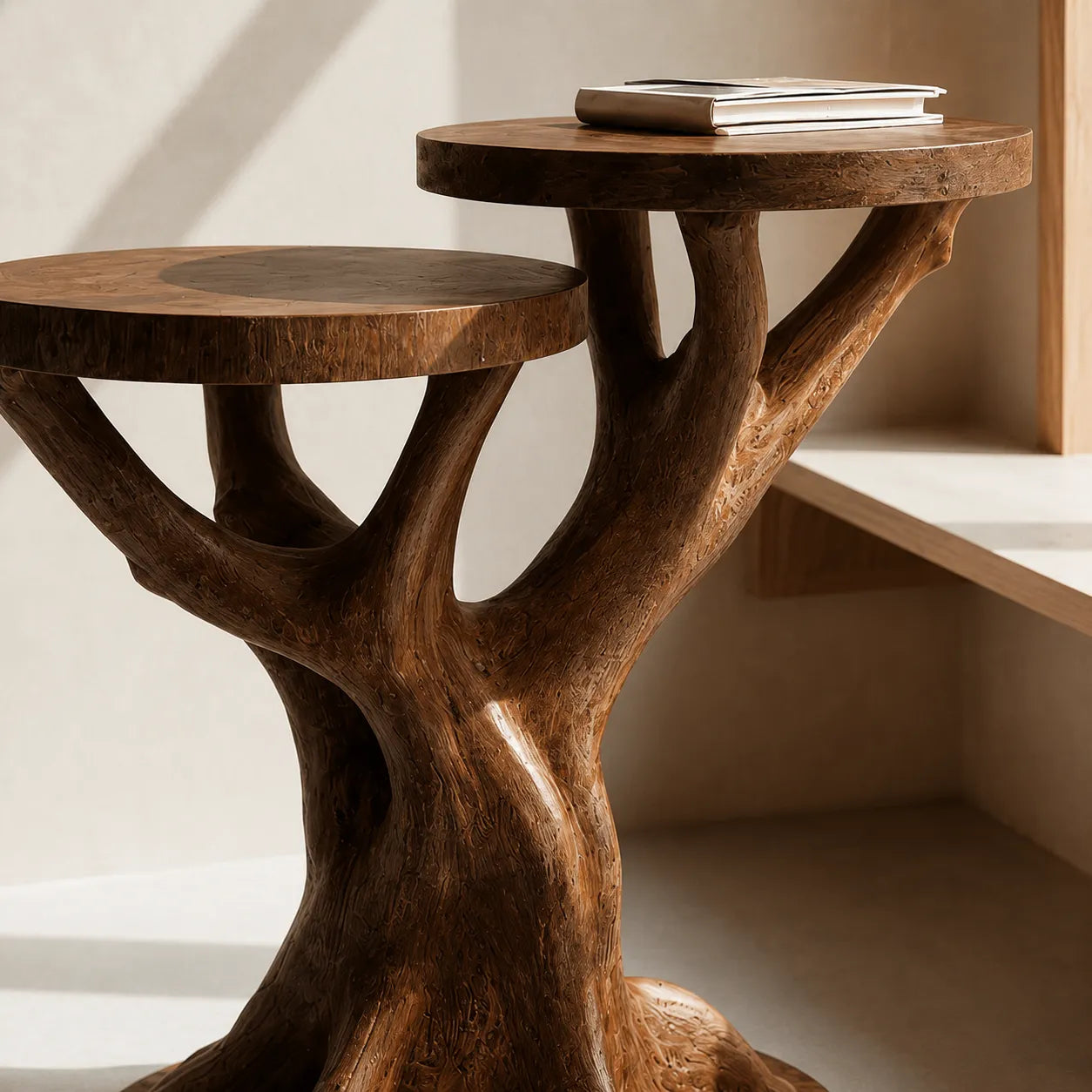 Tiered Natural Solid Wood Side Table with Sculptural Tree Base