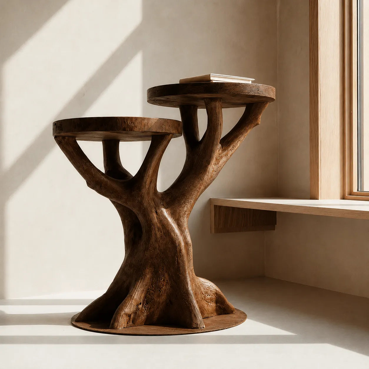 Tiered Natural Solid Wood Side Table with Sculptural Tree Base