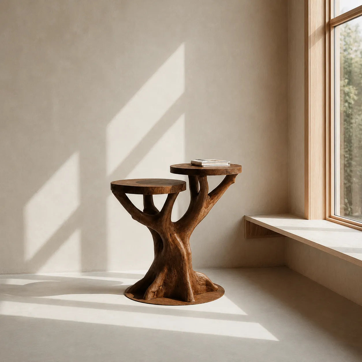 Tiered Natural Solid Wood Side Table with Sculptural Tree Base