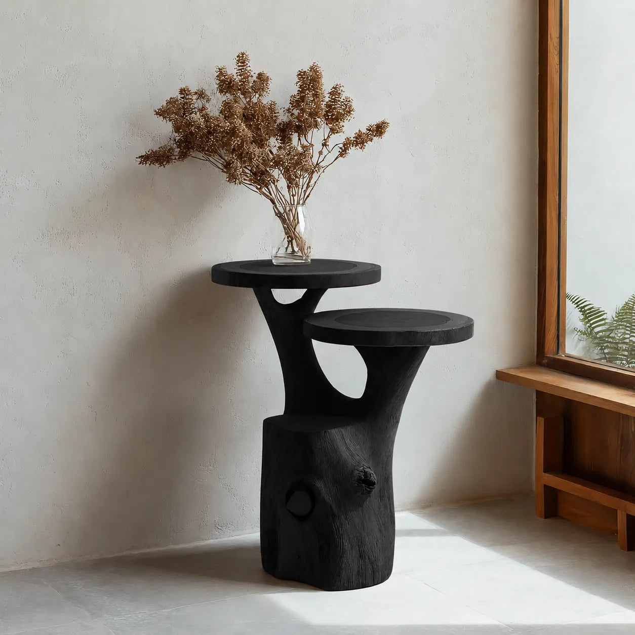Tiered Natural Solid Wood Side Table with Organic Tree Trunk Base