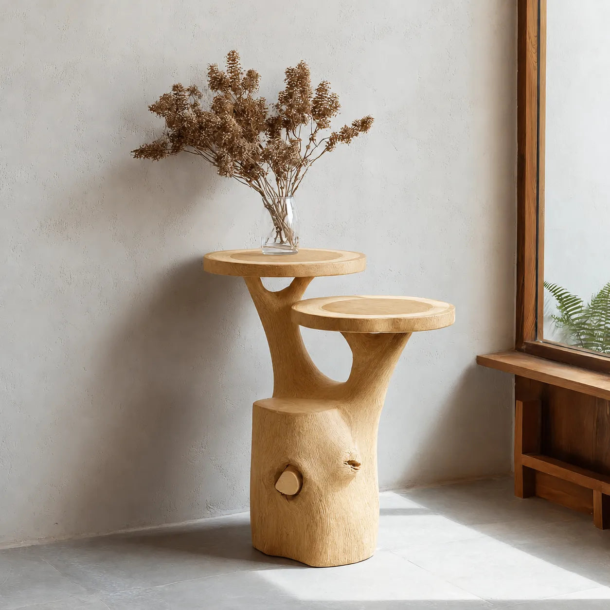 Tiered Natural Solid Wood Side Table with Organic Tree Trunk Base