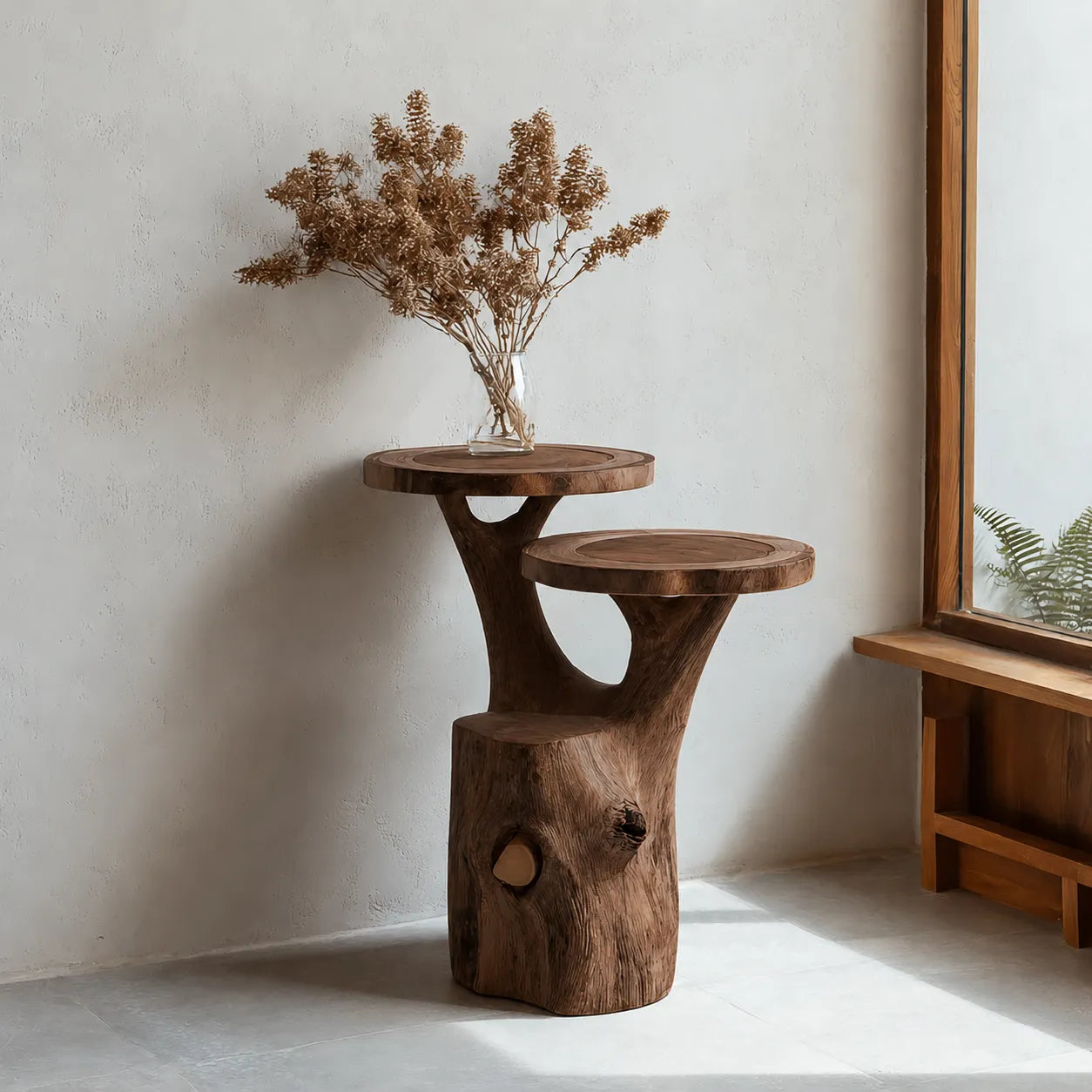 Tiered Natural Solid Wood Side Table with Organic Tree Trunk Base