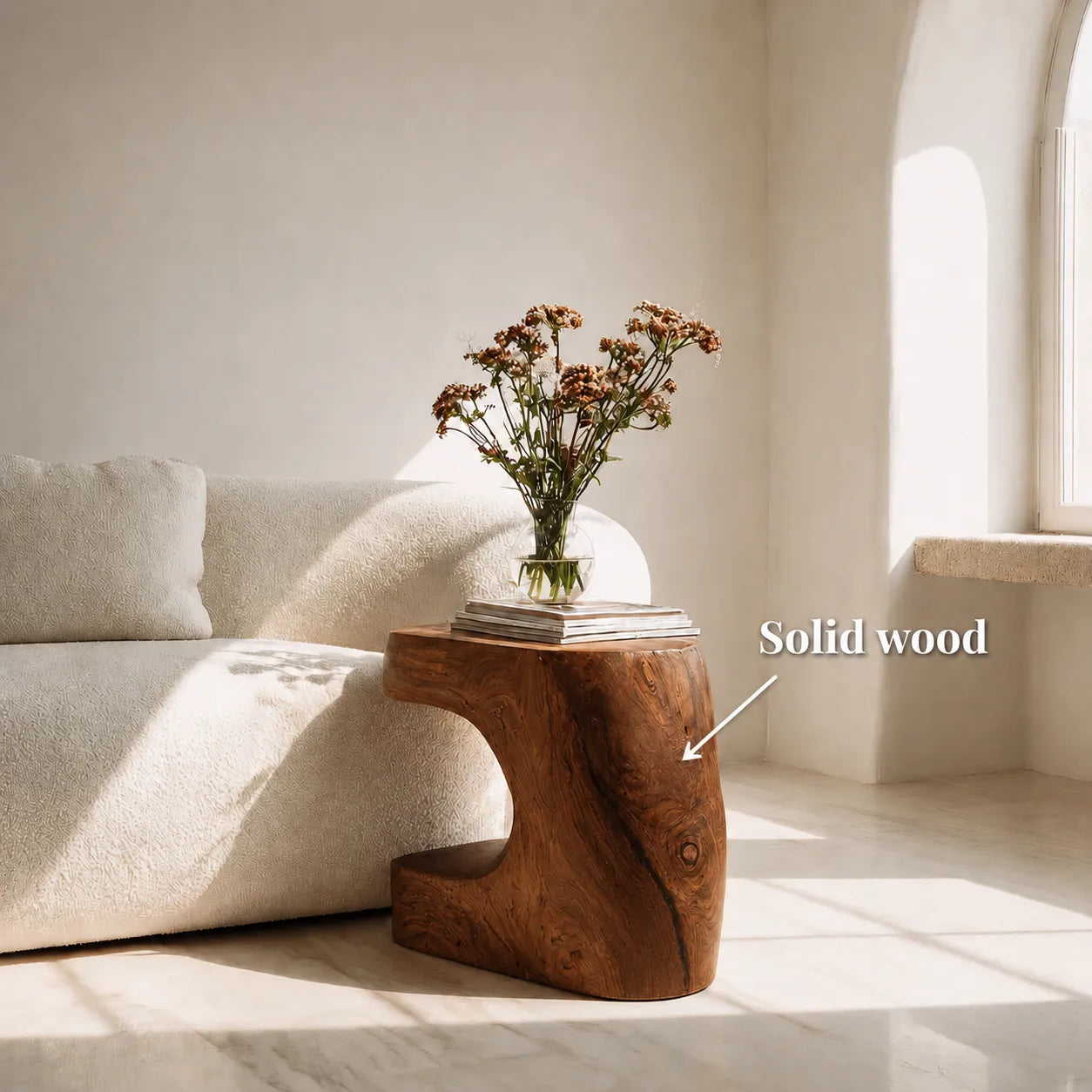 Natural Solid Wood Side Table with Sculptural Open Base