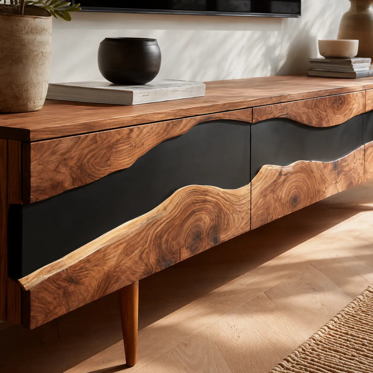 Live Edge Natural Solid Wood TV Stand with Organic Flow Front Design