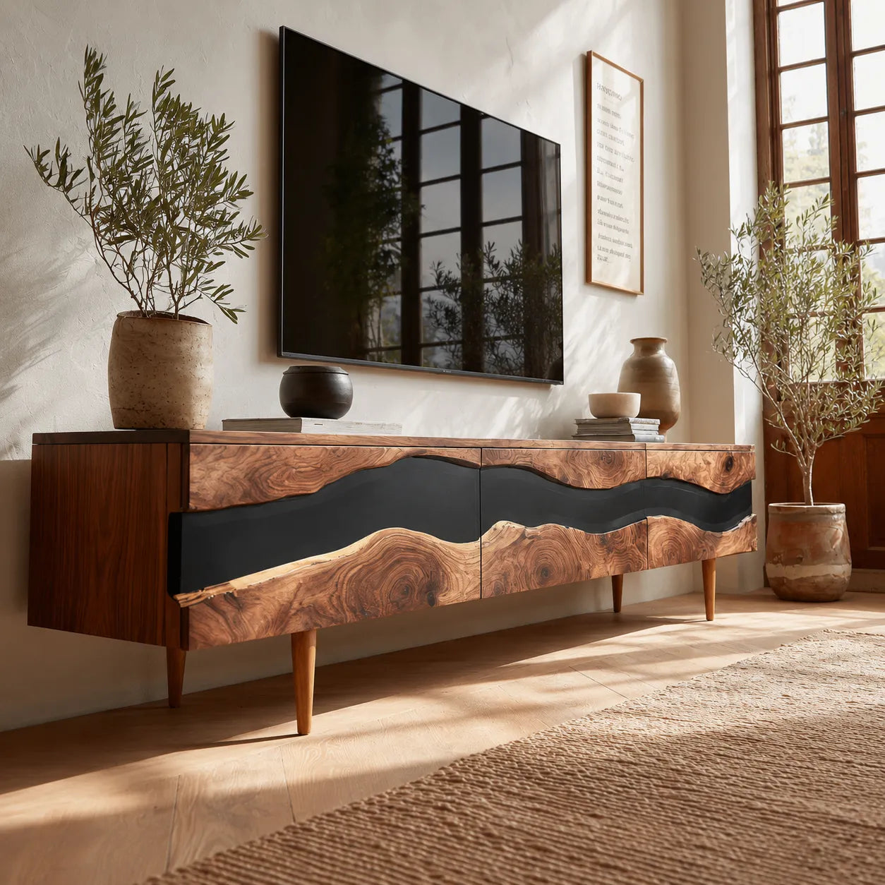Live Edge Natural Solid Wood TV Stand with Organic Flow Front Design