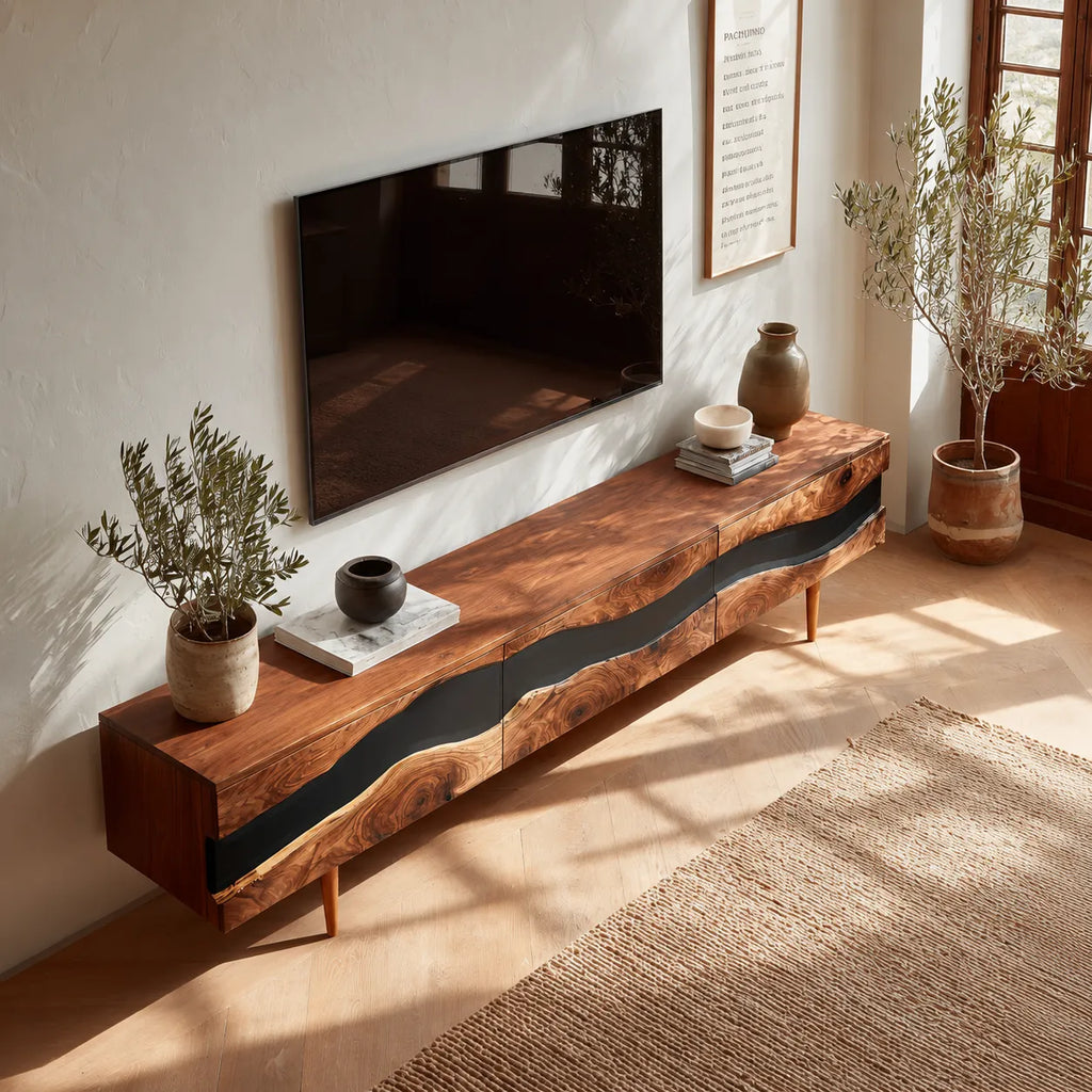 Live Edge Natural Solid Wood TV Stand with Organic Flow Front Design