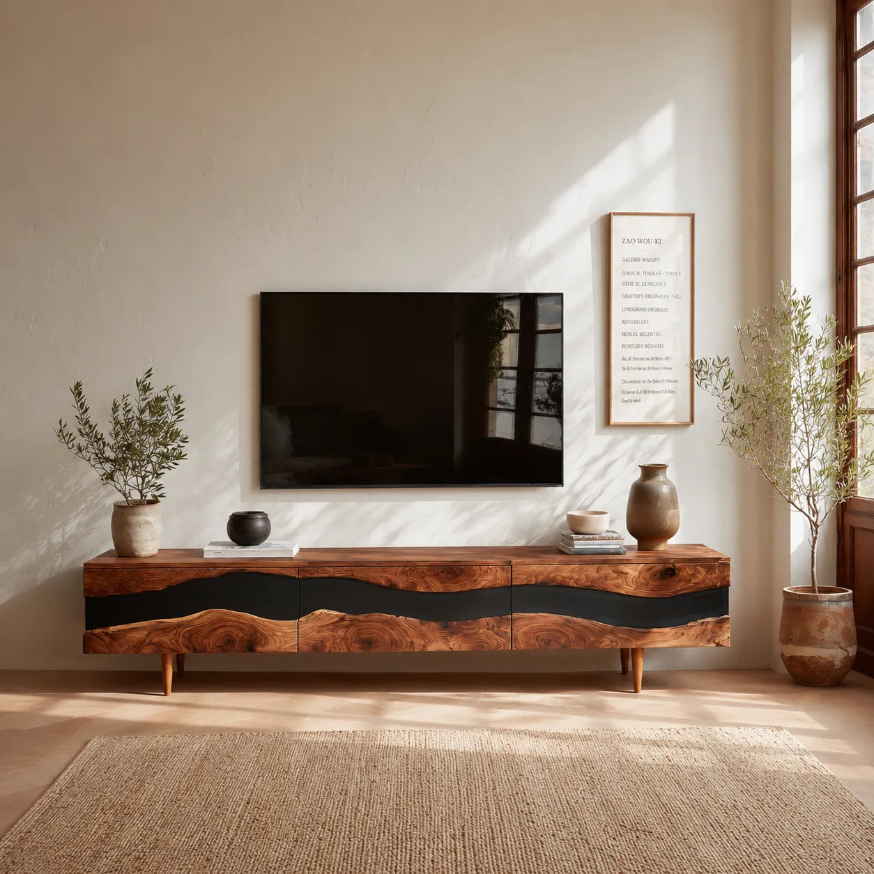 Live Edge Natural Solid Wood TV Stand with Organic Flow Front Design