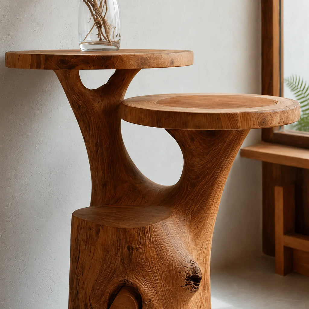 Tiered Natural Solid Wood Side Table with Organic Tree Trunk Base