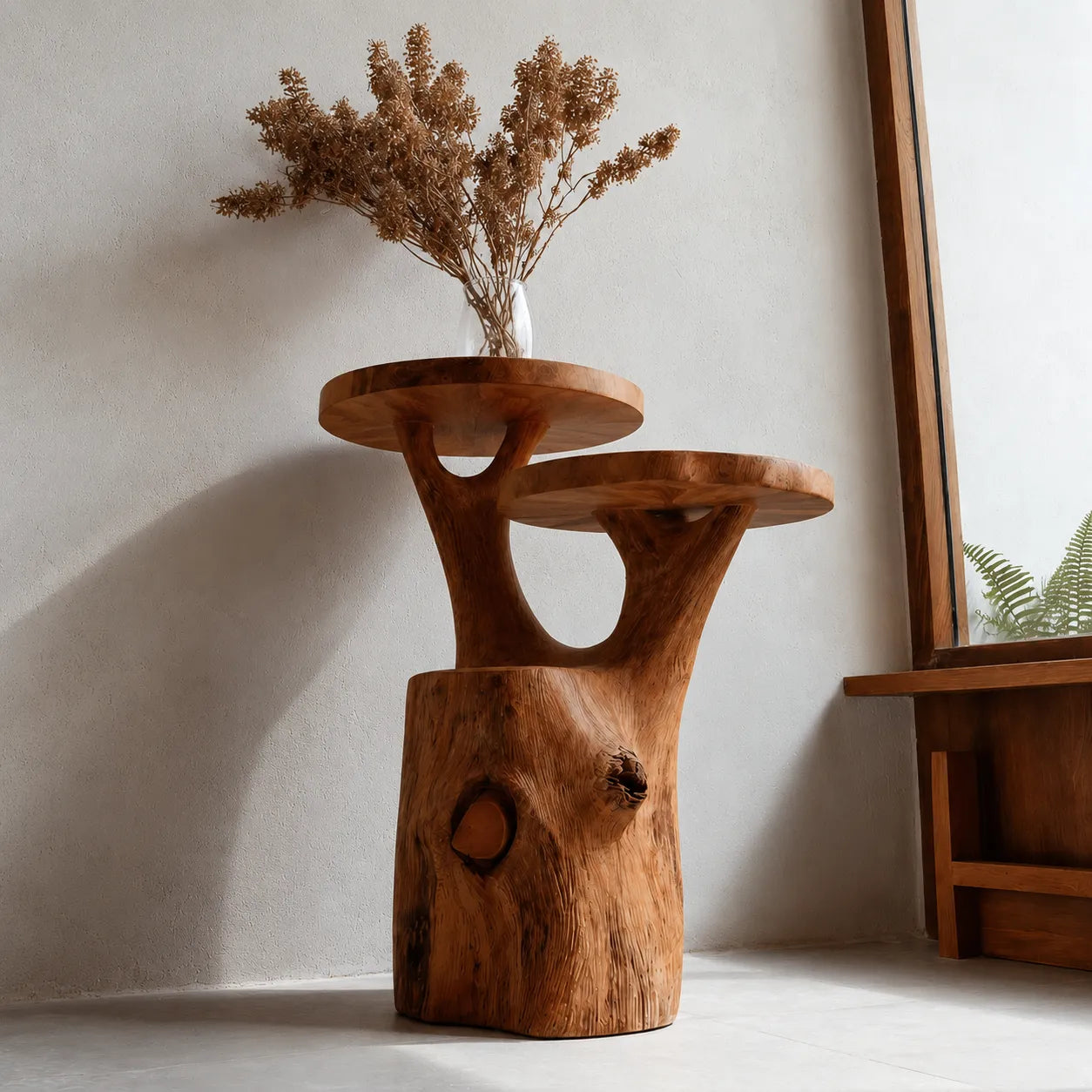 Tiered Natural Solid Wood Side Table with Organic Tree Trunk Base
