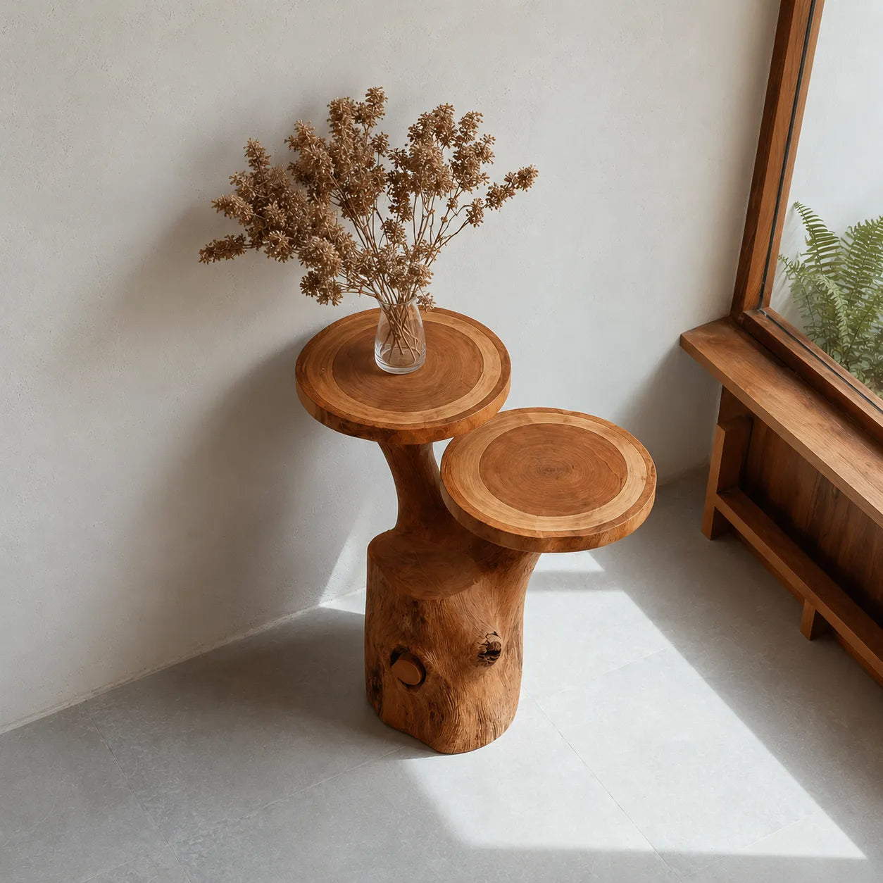 Tiered Natural Solid Wood Side Table with Organic Tree Trunk Base