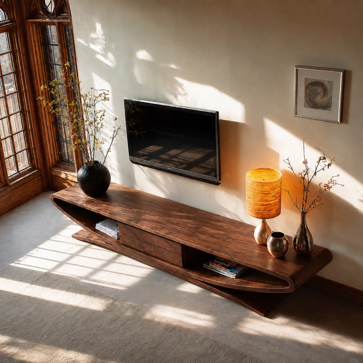 Sculptural Natural Solid Wood TV Stand with Open Shelves and Drawers