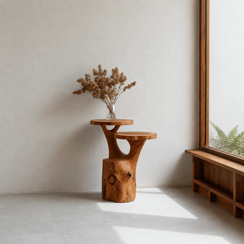 Tiered Natural Solid Wood Side Table with Organic Tree Trunk Base