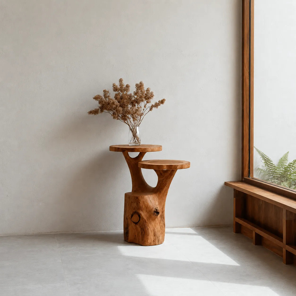 Tiered Natural Solid Wood Side Table with Organic Tree Trunk Base
