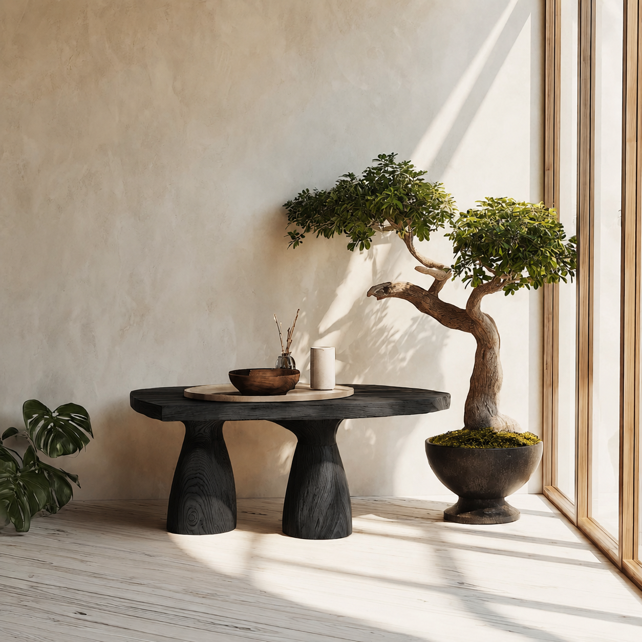Organic Natural Solid Wood Coffee Table with Sculptural Pedestal Base