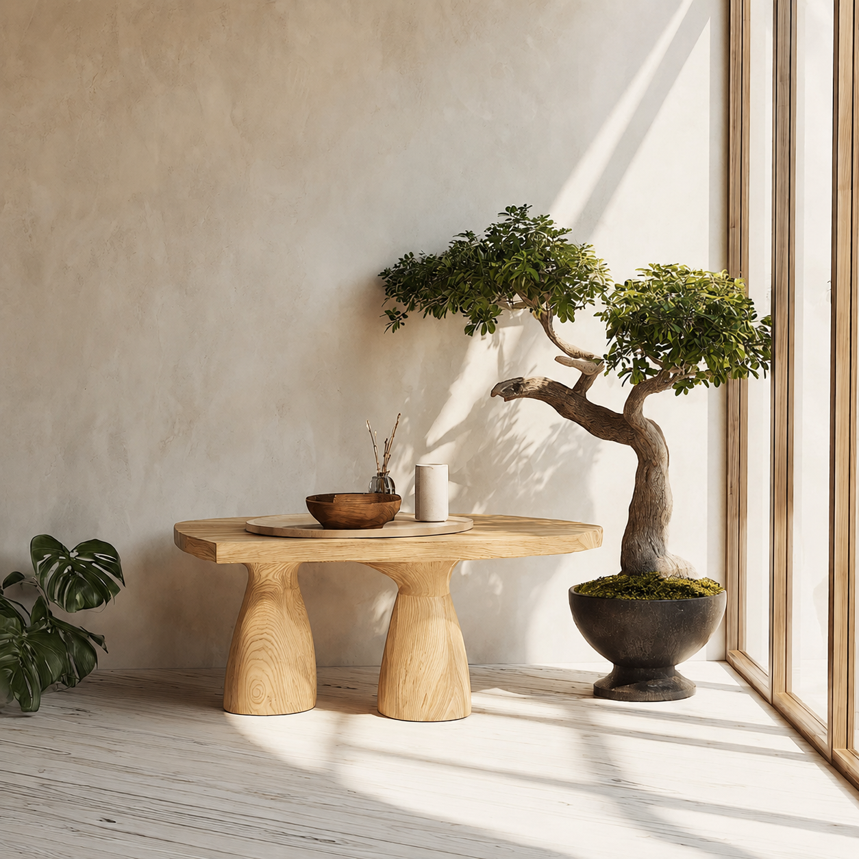 Organic Natural Solid Wood Coffee Table with Sculptural Pedestal Base