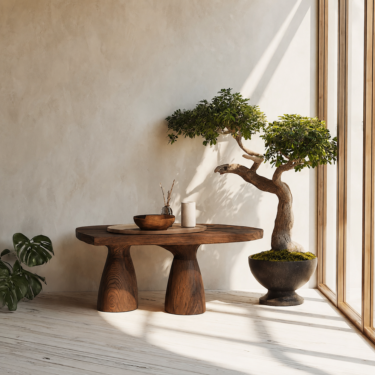 Organic Natural Solid Wood Coffee Table with Sculptural Pedestal Base