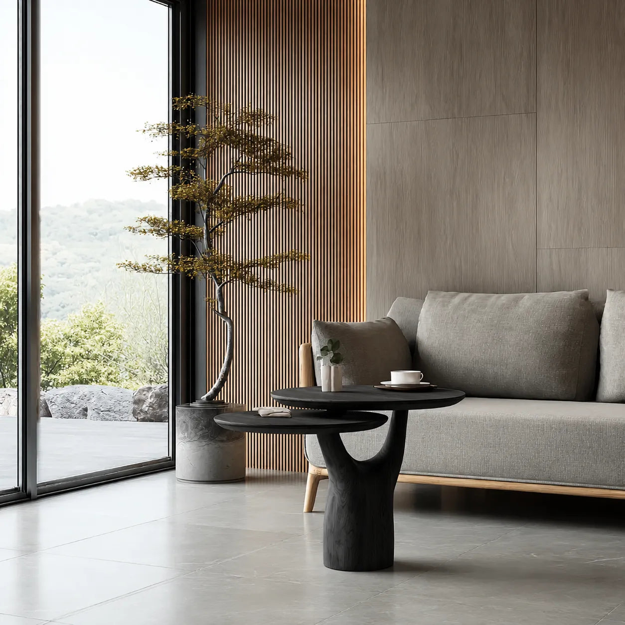 Tiered Natural Solid Wood Coffee Table with Sculptural Pedestal Base