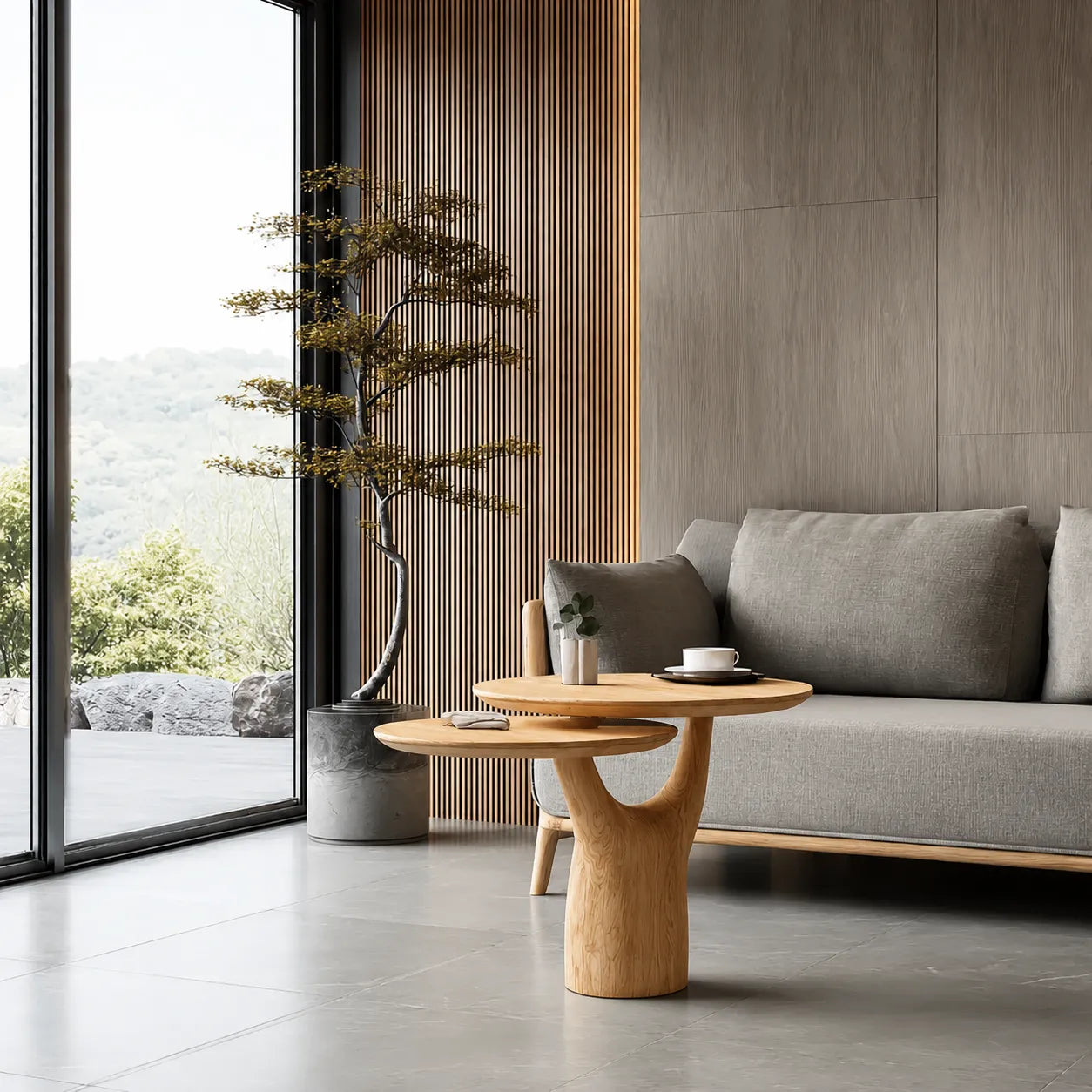 Tiered Natural Solid Wood Coffee Table with Sculptural Pedestal Base